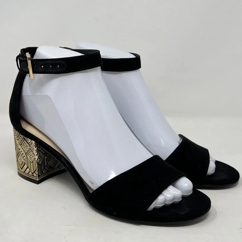 Nine West‎ Black Faux Suede Ankle Strap Gold Design Block Heels Size 6.5M